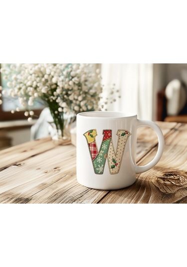 W Harfi Yılbaşı Temalı Kupa Bardak - Yeni Yıl Konsept Yamalı Efekt Tasarım - Noel Hediye Beyaz