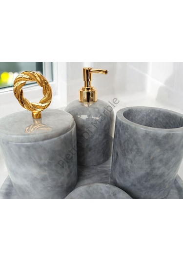 Gri Mermer Klasik Model 5 Parça Gold Renk Halka Aksesuarlı Banyo Seti Gri