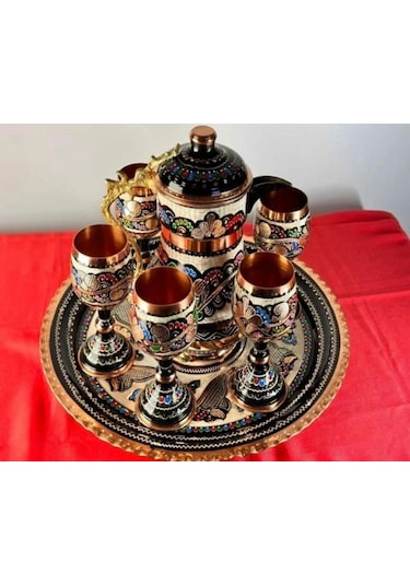 6lı Bakır Kadeh Meşrubat Bardağı Ve Sürahi,yuvarlak Tepsi
