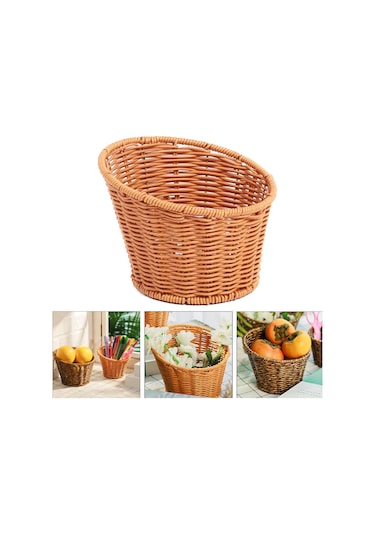 Homyl Dokuma Yuvarlak Sepet Atıştırmalıkları Tepsisi 13.5x10.5x8cm Kahverengi