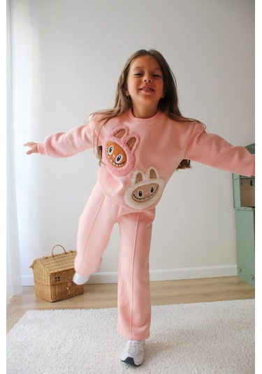 Kız Çocuk 3 İplik Şardonlu Peluş Baskı Detaylı Sweatshirt - Eşofman Alt Üst Takım Pudra Pembe - Gri