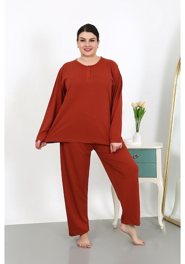 Akbeniz Kadın Büyük Beden Uzun Kol Penye Pijama Takımı Kiremit 202501 Kiremit