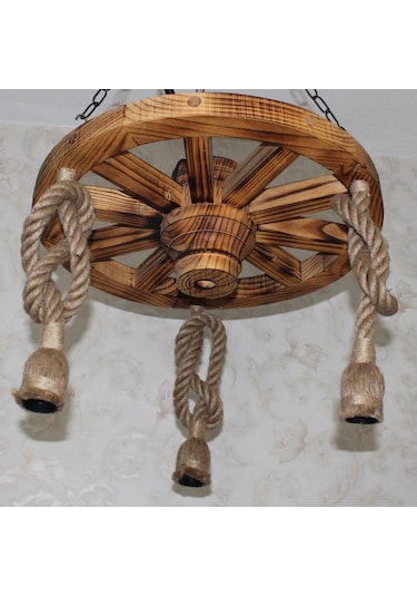 Otantik Çarşı Ahşap Halatlı Teker Avize 50 Cm. 3'lü