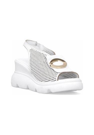 Elit Zeyn 8067 Kadın Hakiki Deri Dolgu Topuk Sandalet Beyaz Beyaz