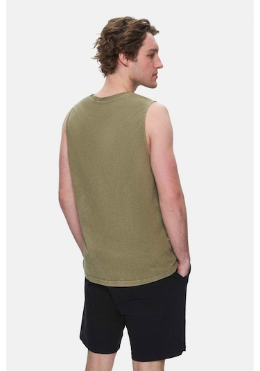 Elton Koyu Haki Bisiklet Yaka Sıfır Kol Yıkamalı Baskılı Oversize Erkek Tshirt Koyu Haki