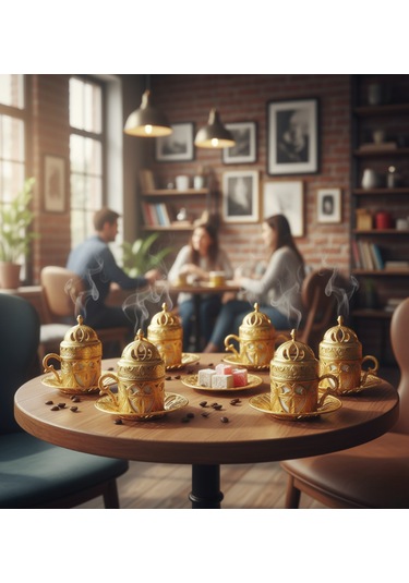 Defne 6 Kişilik 24 Parça Metal Porselenli Altın Renk Kahve Fincan Seti Altın