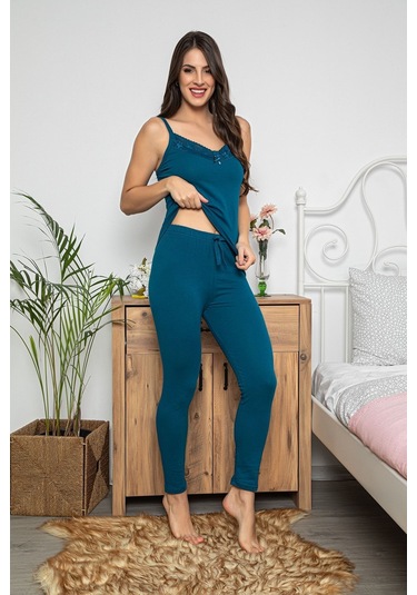 Kadın Petrol Renkli Dantel Detaylı Şortlu Ve Taytlı Pijama Takımı 3'lü Set 75007 Petrol