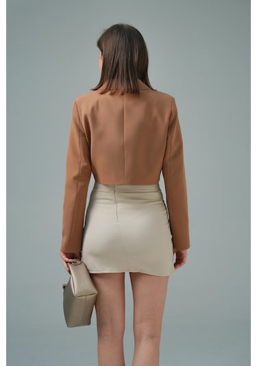 Kamel Kruvaze Crop Blazer Ceket Kamel