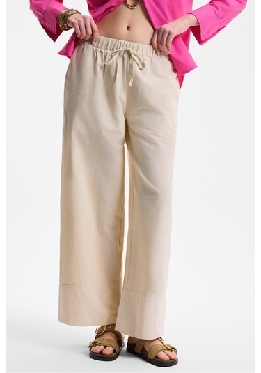 MELANCHOLI Kadın %100 Pamuk Keten Görünümlü Yüksek Bel Lastikli Bel Bej Pantolon
