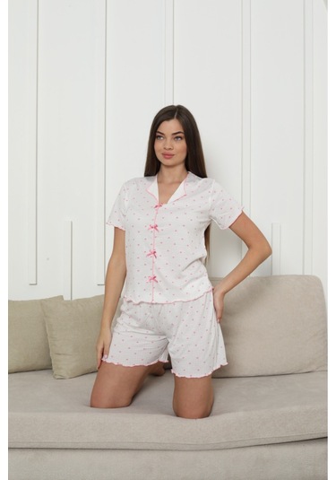 Kadın Örme Kumaş Dark Blue Star Pattern Kısa Kol Şortlu Pijama Takımı Pembe