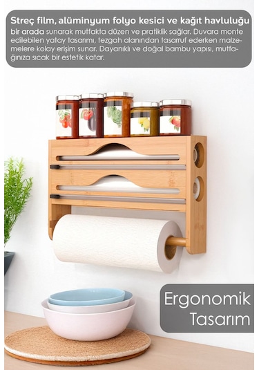 Bambu Streç Film Folyo Kesici - Fonksiyonel 2 Bölme Streç Folyo Kesme Kutusu Ve Kağıt Havlu Askılığı