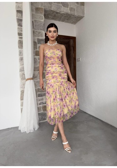 Talia Straplez Elbise Çiçekli