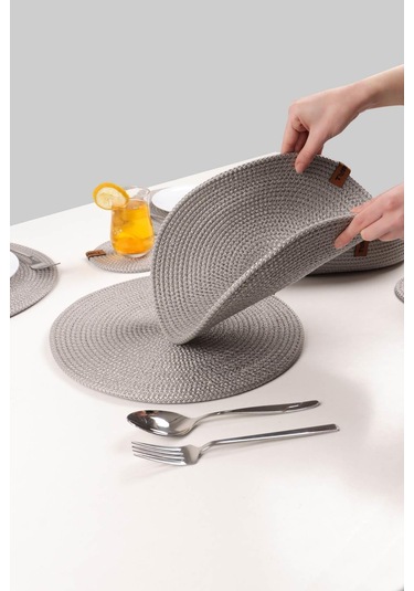 6 Adet Jüt Supla / Amerikan Servis Lux Sunum Tabak Altlığı, Sunum Supla Çeyiz Takımı Örgü Tabak Altı Yanmaz Gri