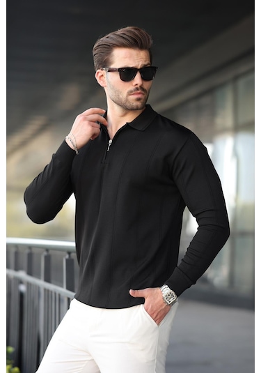 Siyah Polo Yaka Fermuarlı Erkek Kazak E7427 Siyah