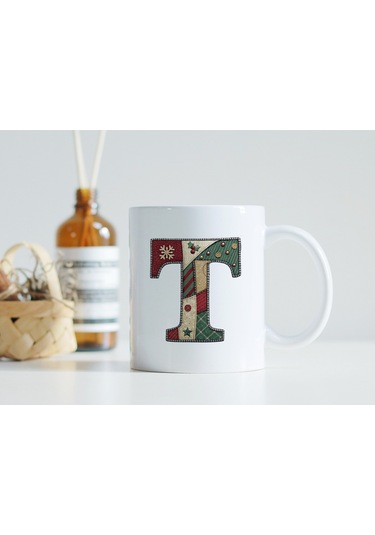 T Harfi Yılbaşı Temalı Kupa Bardak - Yeni Yıl Konsept Yamalı Efekt Tasarım - Noel Hediye Beyaz