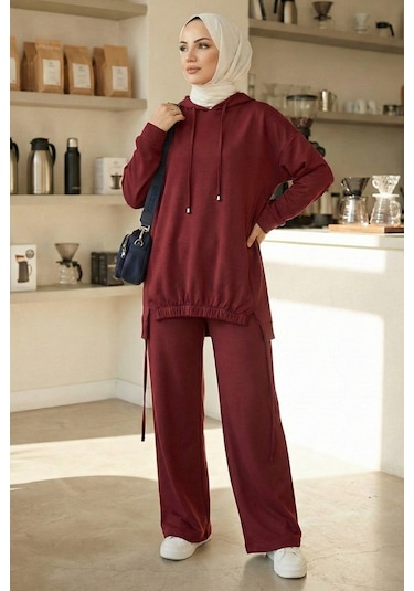 Bestenur Kapüşonlu Tunik Pantolon Takım 1682 - Bordo Bordo