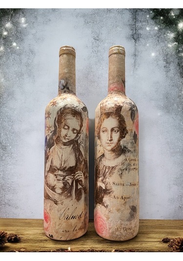 Meryem Ana Ve İsa Figürlü El Yapımı Dekoratif Şarap Şişeleri, Ev Dekoru, Ev Aksesuarları, Noel Ve Ye
