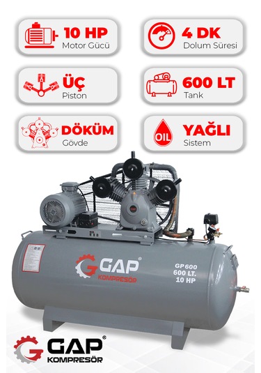 Gap Kompresör GP600 Pistonlu 600 L 3 Kafa 8 Bar 10 HP  Hava Kompresörü