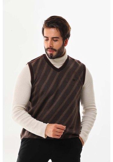 Pelikan Erkek Çizgili V Yaka Süveter 9625 Kahverengi