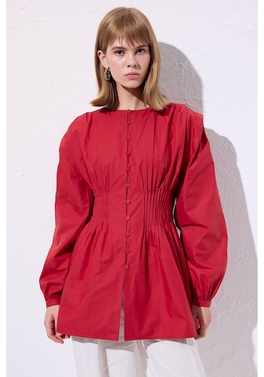 Beli Pile Detaylı Uzun Kol Bluz Kırmızı Kırmızı