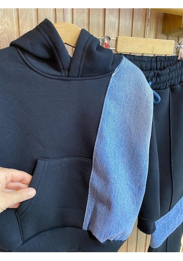 Kot Garnili Çımalı Tarz Kapüşonlu Kız Çocuk Eşofman Takım Siyah