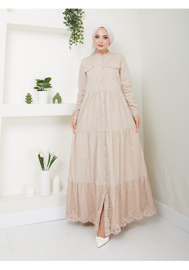 Dantelli Doğal Kumaşlı Boydan Düğmeli Kot Elbise Bej