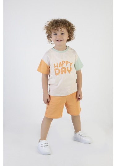 Erkek Çocuk Happy Day Baskılı Kısa Kollu Şortlu Basic Alt Üst Takım 001