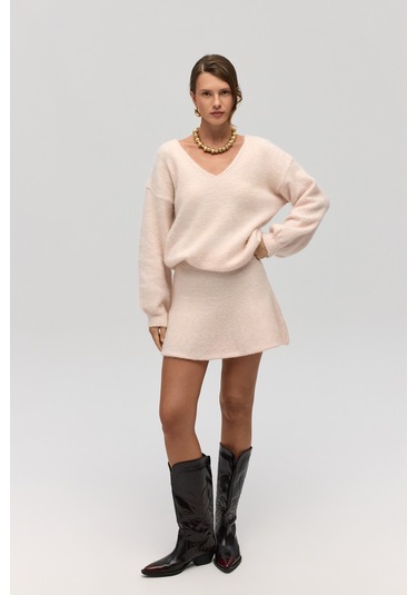Mai Collection Mai Studios Co. Nordis Volanlı Pembe Triko Mini Etek Pembe
