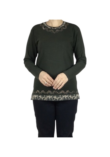 Kadın Yaka Ve Etek Desenli Taşlı Likralı Bluz-arpbattal2 Haki