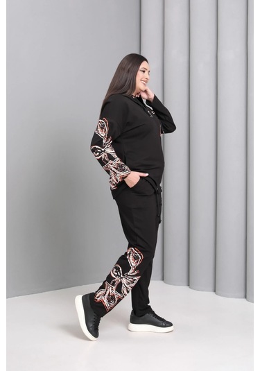 Kapüşonlu Fermuarlı Baskılı Takım Siyah