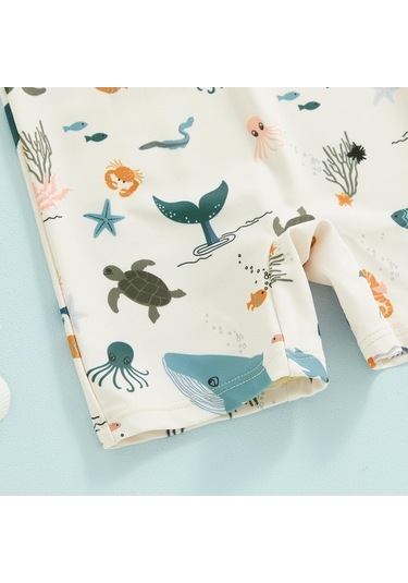 Fastbuy Bej Yürüyen Erkek Mayo, 3-12 Ay, 2-3 Yaş, Güneş Koruyucu Kısa Kollu, Fermuarlı, Hayvan Desenli Şapka Bej