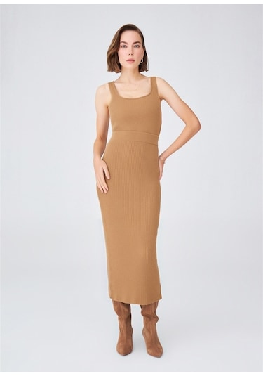 Peraluna Örgülü Kaşmir Karışımlı Kalem Kadın Triko Etek Camel