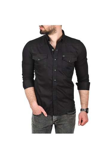 Deepsea Erkek Siyah Slim Fit Pamuklu Cepli Kot Gömlek Çıtçıtlı Uzun Kollu Spor Gömlek 2502503 Siyah
