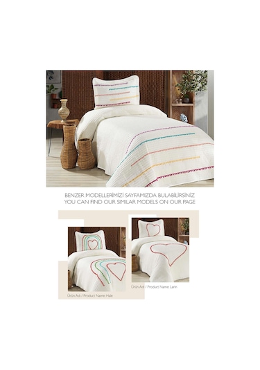 Evlen Home Nova Renkli Ponponlu %100 Pamuk Tek Kişilik Yatak Örtüsü Elyaf Dolgulu Pike Takımı Krem