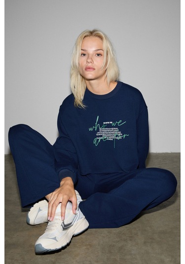 Grımelange Qerks Kadın Baskı Detaylı Oversize Lacivert Sweatshirt Lacivert