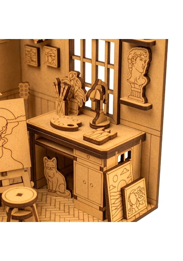 Sanat Atölyesi Ahşap Maket Seti Dıy Miniatür Artist Workshop Peri Led'li 3d Puzzle