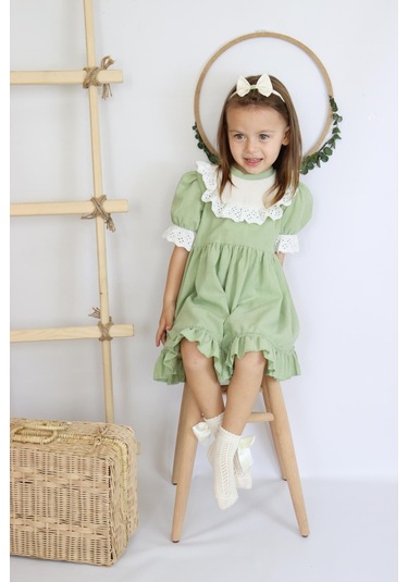 Kız Bebek Ruby Yeşil Fırfırlı Dantel Detaylı Kısa Kollu Elbise Bandana Takım Elb-0070.7 Yeşil