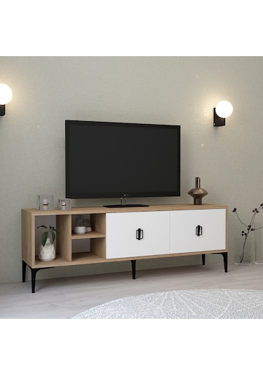 3504 Era Tv Ünitesi 150 Cm Kapaklı Raflı Sepet - Beyaz Tv Sehpası Beyaz - Sepet