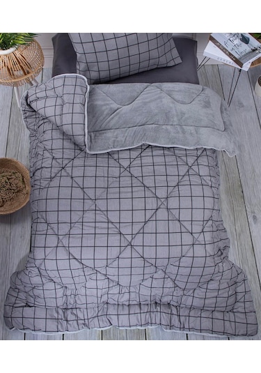 Tek Kişilik Lüx Çift Taraflı Pufidik Desenli Wellsoft Yorgan 155x215 + 1 Adet Yastık Kılıfı Antrasit - Gri