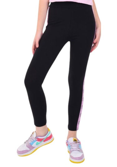 Kız Çocuk Sport Yazı Şeritli Mevsimlik Siyah Renk Tayt Siyah