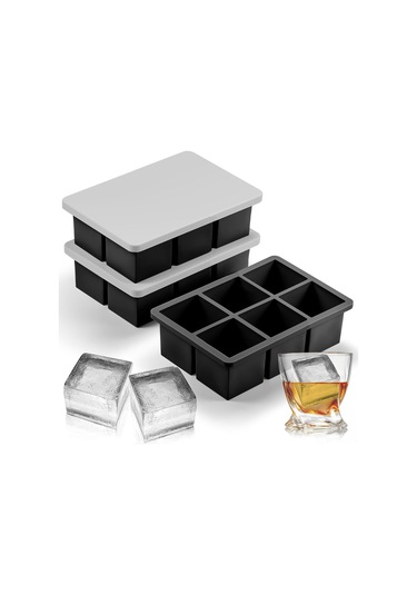 Yuntech01 Üçlü Büyük Silikon Kocka Buz Kalıbı Seti - Kokteyller İçin Süper Kare Buzlar Siyah