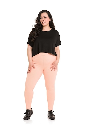 Büyük Beden Fitilli Beli Lastikli Bilekte Somon Bayan Tayt