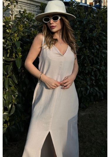 Kadın Bej Askılı İthal Müslin Kumaş, Önü Ve Arkası V Yaka, Önden Yırtmaçlı, Maksi/uzun Salaş Elbise Taş