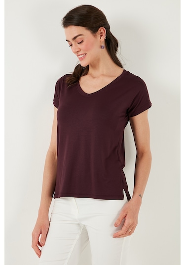 Lela V Yaka Rahat Kesim Yırtmaçlı Bayan Bluz 5862000 Vişne