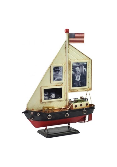 Dekoratif Resim Çerçeveli Metal Yelkenli Gemi 35cm