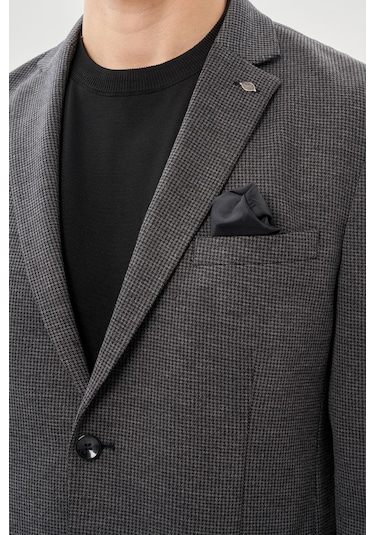 Siyah Kazayağı Desen Örme Mono Yaka 2 Düğme 6 Drop Slim Fit Classic Ceket 1002245166 001 Siyah