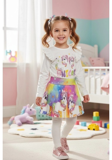 Unicorn Desenli Renkli Kız Çocuk Etekli Takım Kahverengi