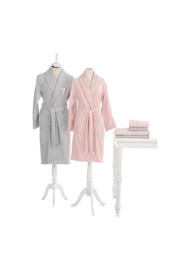 Özdilek Wedding Terlikli Aile Bornoz Seti Takımı Gri/Pudra