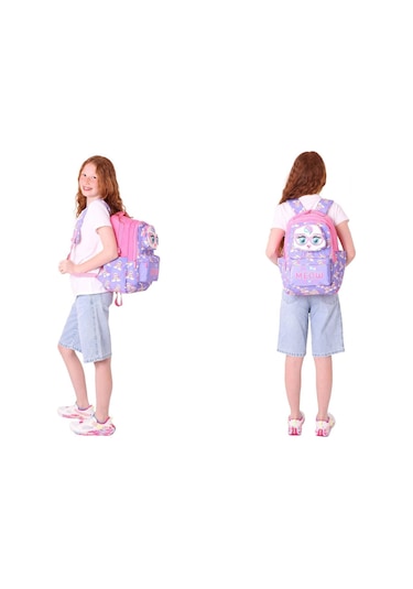 Kaukko Kız Çocuk 3d Kedi Şekilli Mor Pembe Okul Sırt Çantası Ve Isı Yalıtımlı Beslenme Çantası Seti Mor - Pembe