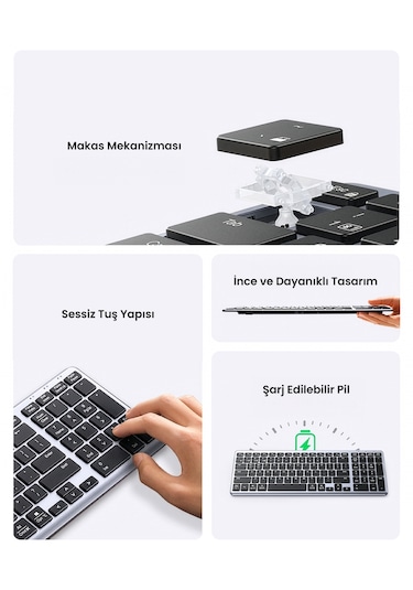 Ugreen Kablosuz Ultra İnce Sessiz Bluetooth Türkçe Q Klavye, Siyah, 15258tr